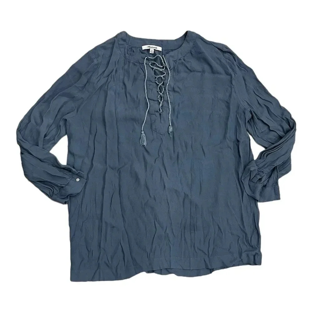 Madewell Blue Lace Up Peasant Blouse XS